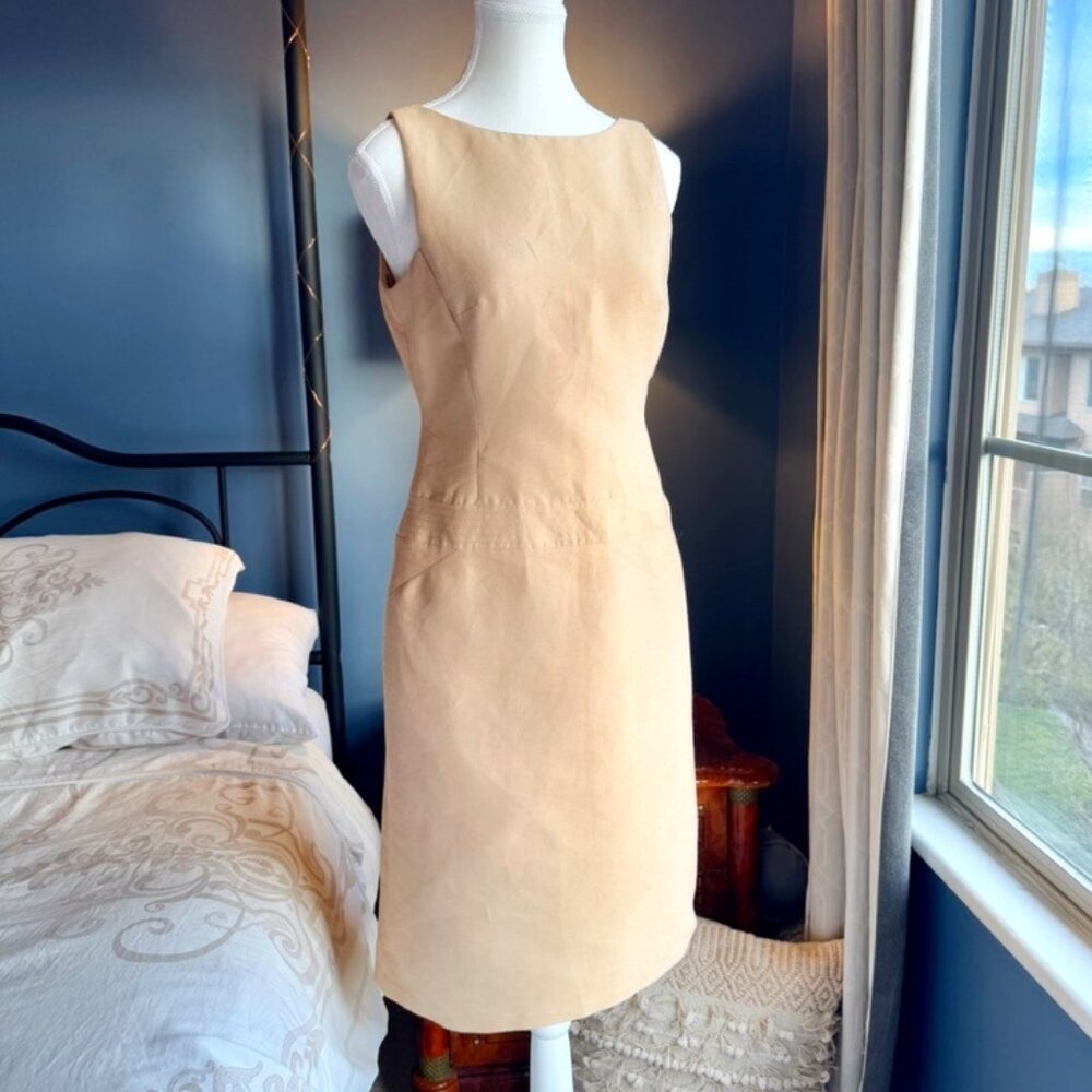 Beige Cotton Linen Blend BCBG Sleeveless Shift Dress